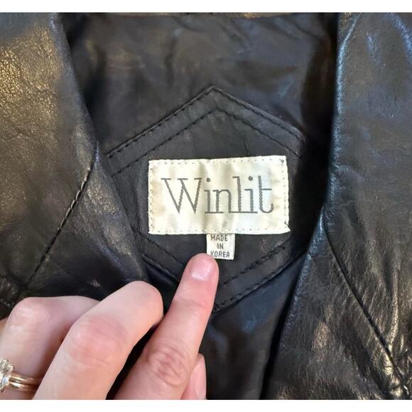 VTG Winlit Black Leather Fringed Cropped Biker Motorcycle Jacket Silver L - Picture 3 of 6